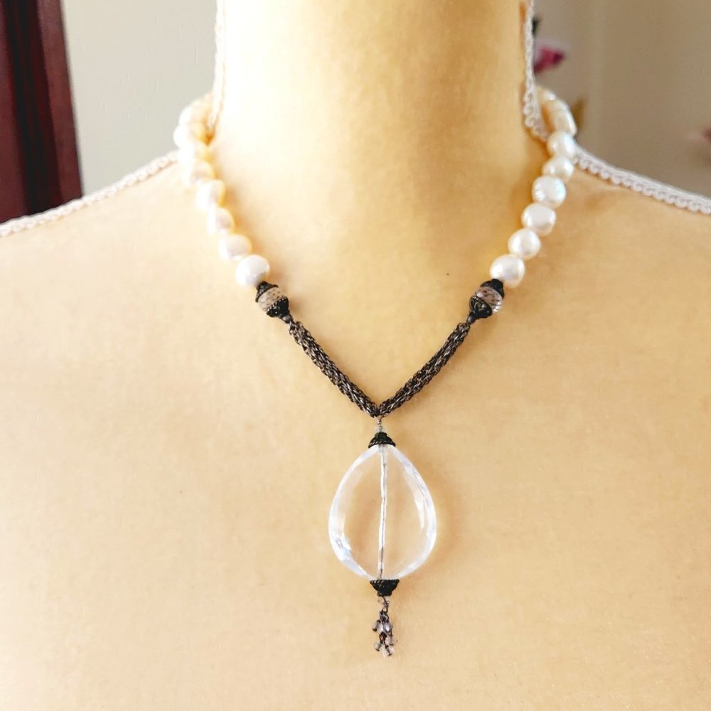 Faceted Clear Glass Drop 925 Sterling Silver Multi Strand Baroque Pearl Necklace